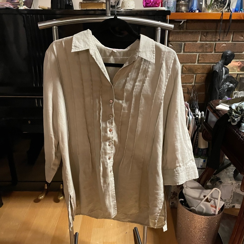 Tan 3/4 Sleeve 100% Linen Notched Collar Button Down Blouse